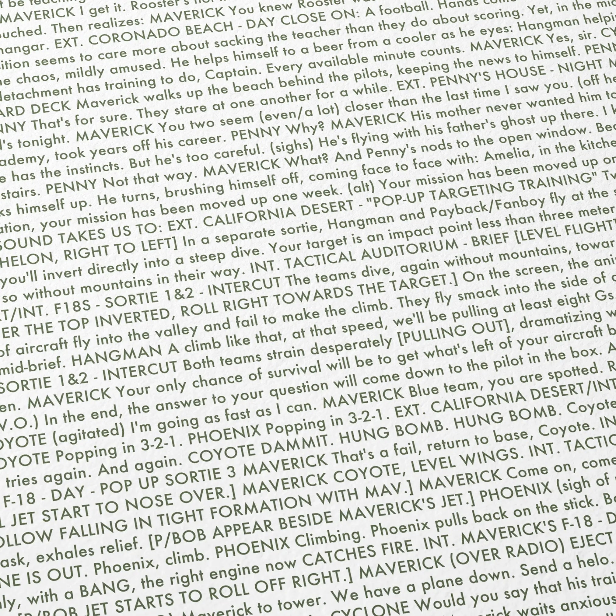 Close-up detail of the Top Gun: Maverick movie script poster showing dense typographic text.