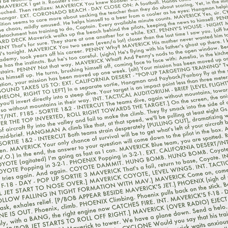 Close-up detail of the Top Gun: Maverick movie script poster showing dense typographic text.