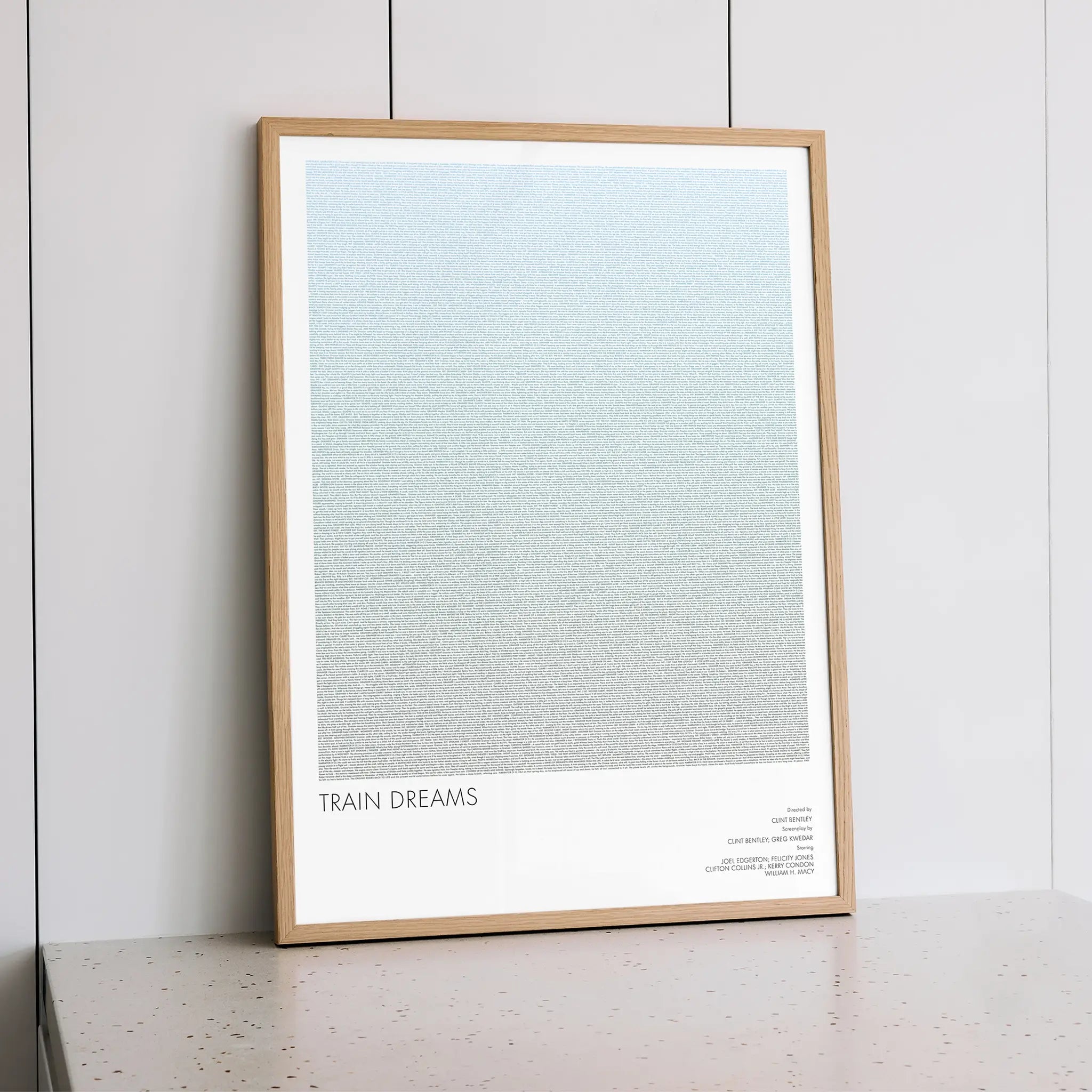 A framed Train Dreams movie script poster styled within a calm interior space.