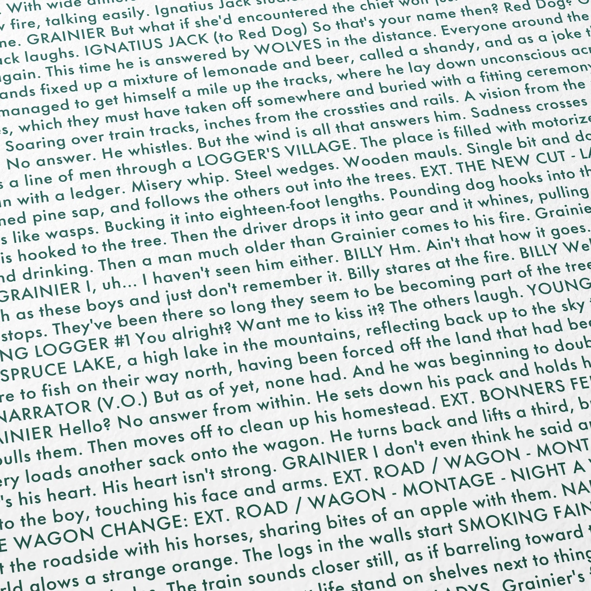 Close-up detail of the Train Dreams movie script poster showing dense typographic text.