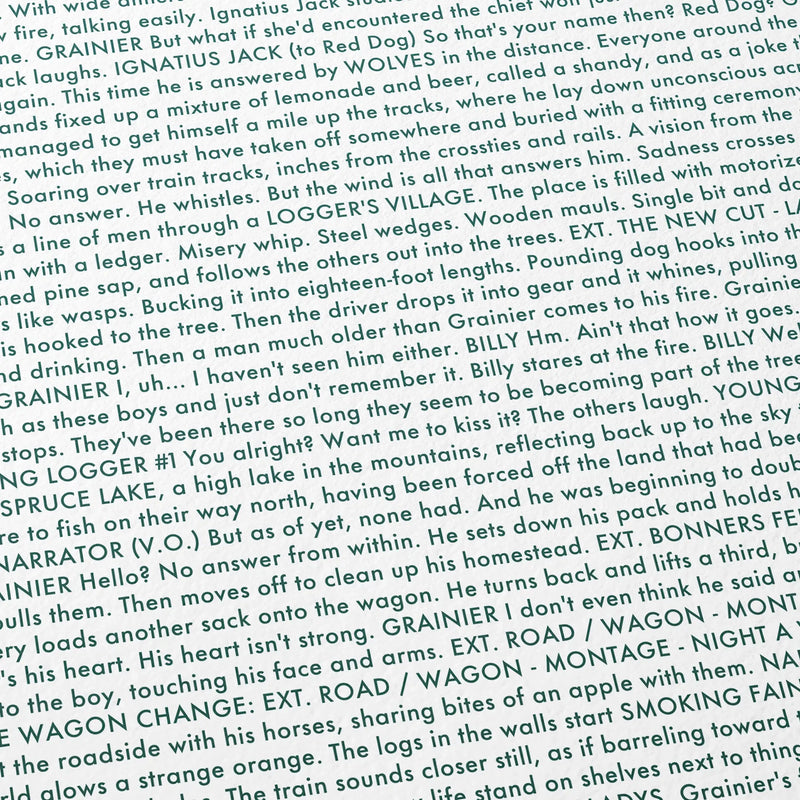 Close-up detail of the Train Dreams movie script poster showing dense typographic text.