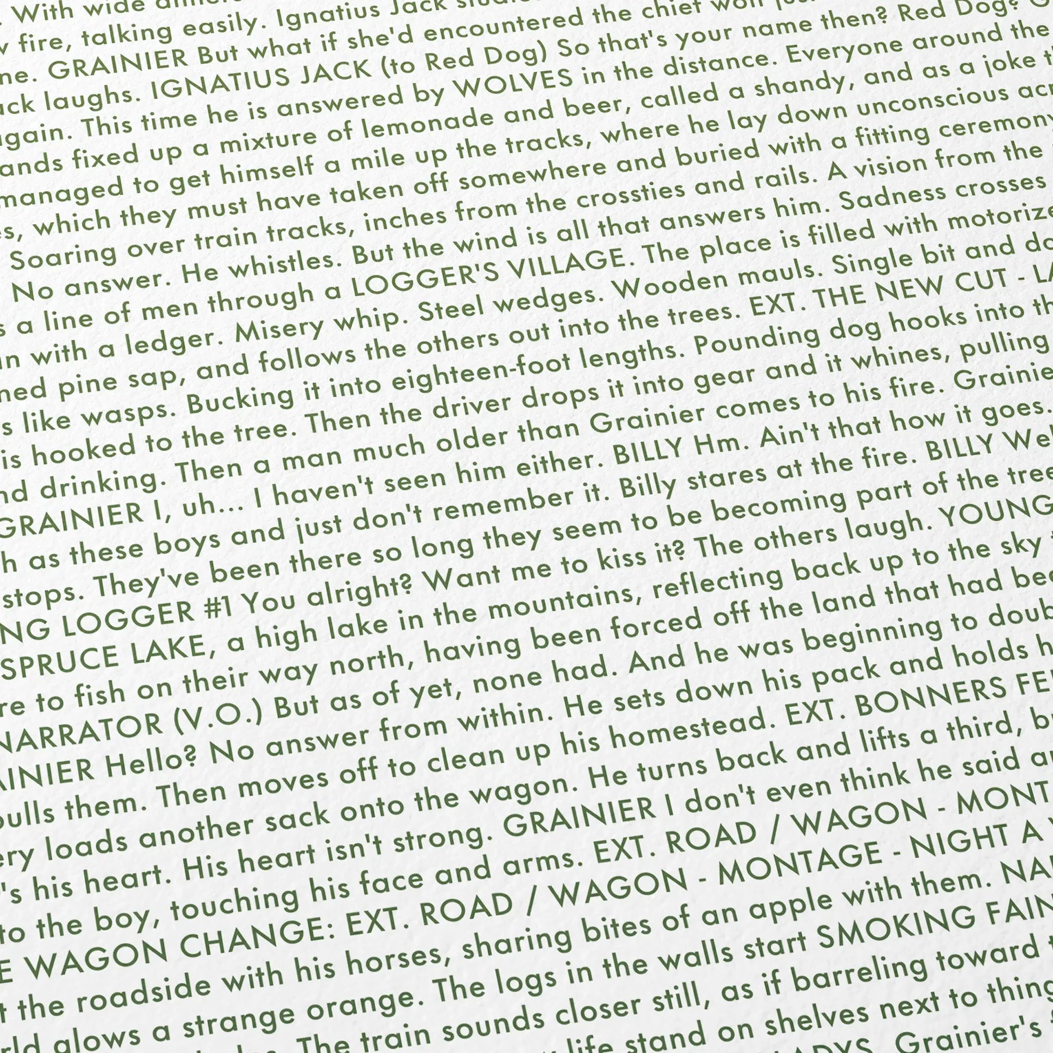 Close-up detail of the Train Dreams movie script poster showing dense typographic text.