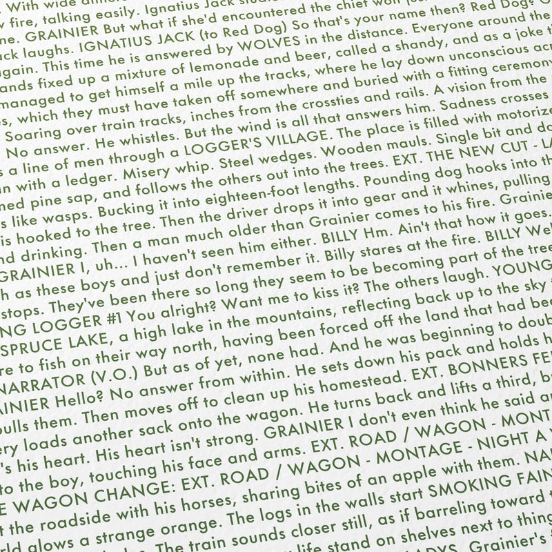 Close-up detail of the Train Dreams movie script poster showing dense typographic text.