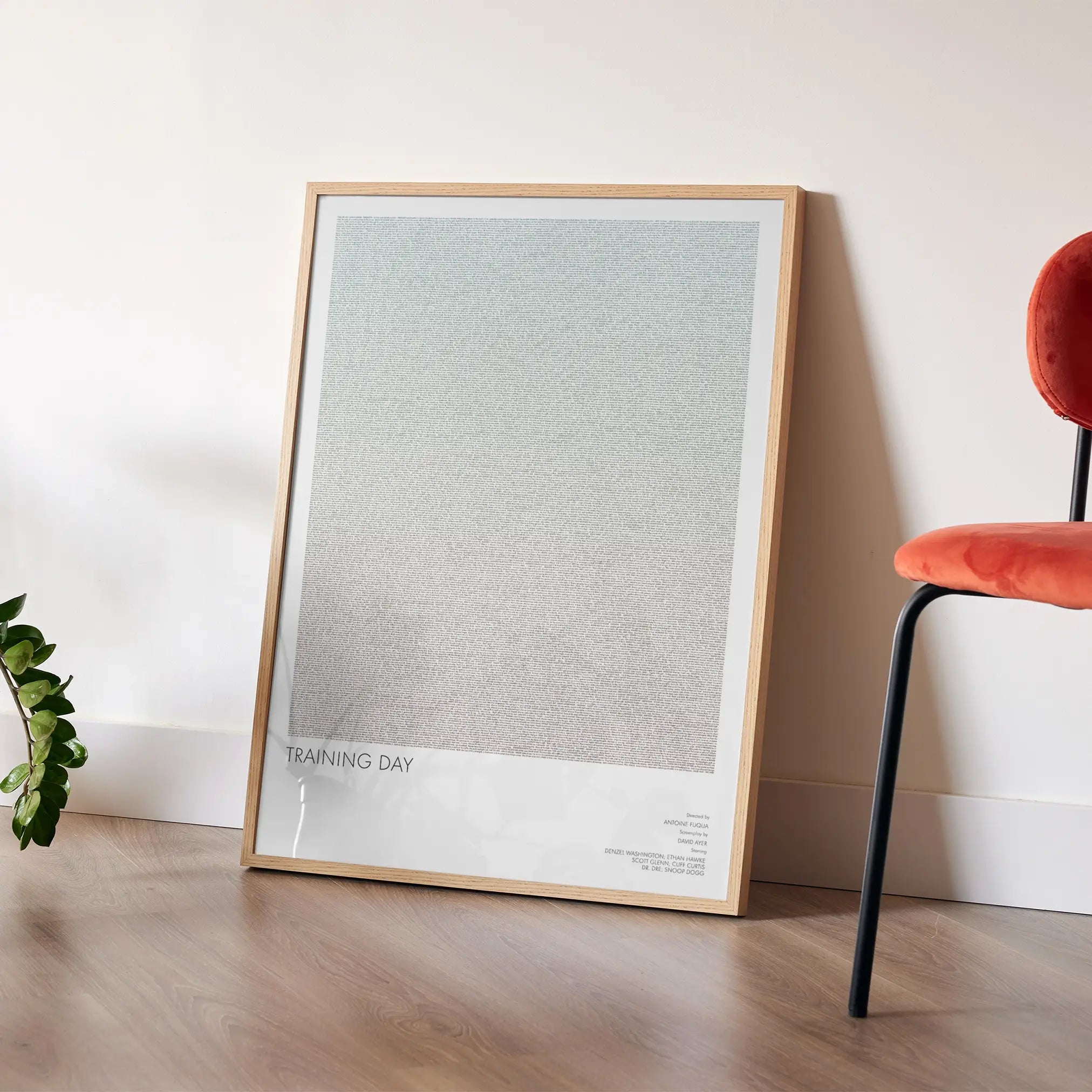 A framed Training Day movie script poster placed in a bright interior environment.