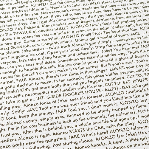 Close-up detail of the A Few Good Men movie script poster showing dense typographic text.