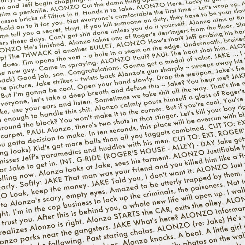 Close-up detail of the A Few Good Men movie script poster showing dense typographic text.