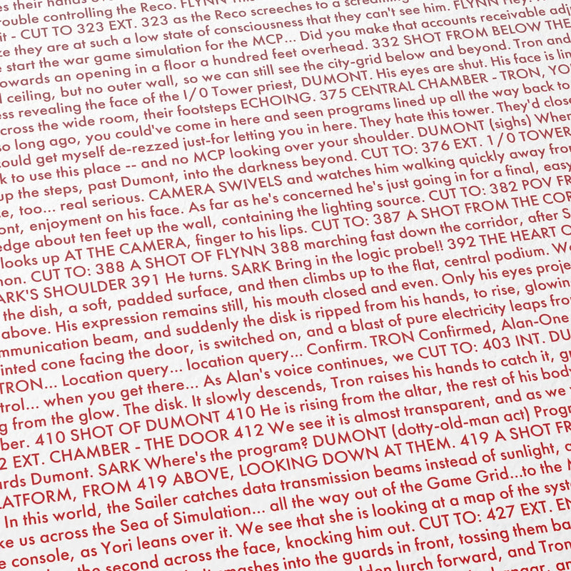 Close-up detail of the Tron movie script poster showing dense typographic text.