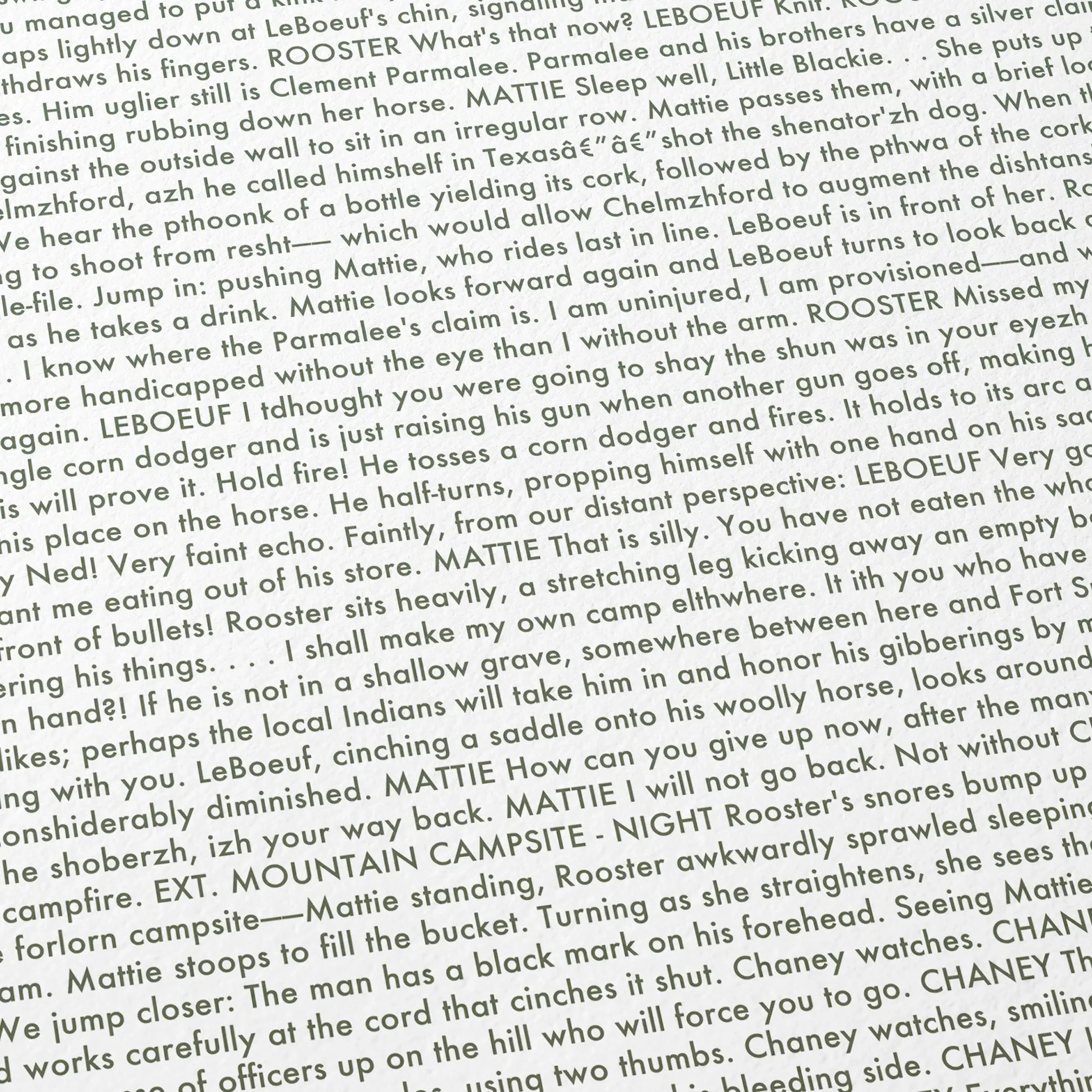 Close-up detail of the True Grit movie script poster showing dense typographic text.