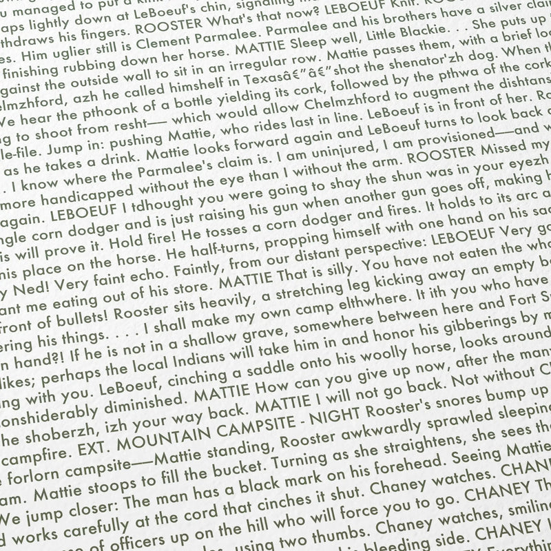 Close-up detail of the True Grit movie script poster showing dense typographic text.