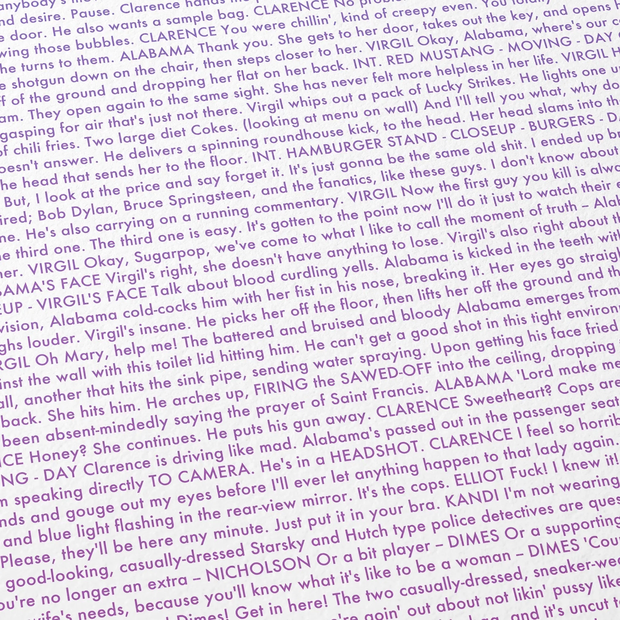 Close-up detail of the True Romance movie script poster showing dense typographic text.