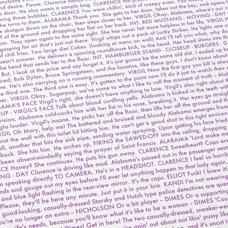 Close-up detail of the True Romance movie script poster showing dense typographic text.