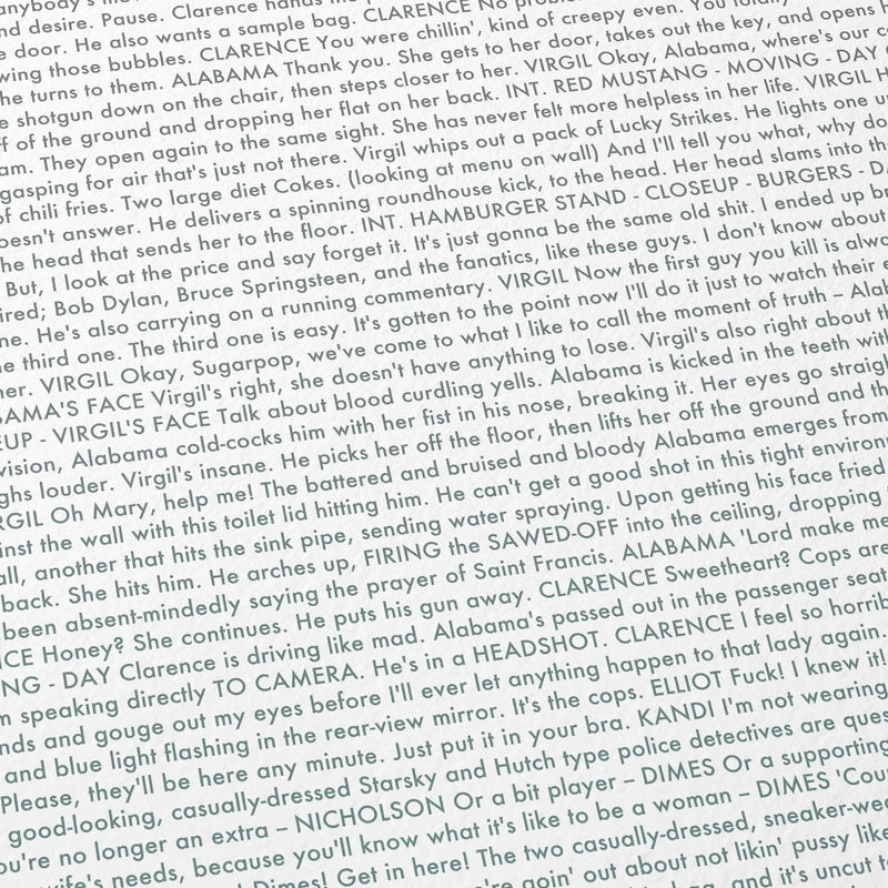 Close-up detail of the True Romance movie script poster showing dense typographic text.
