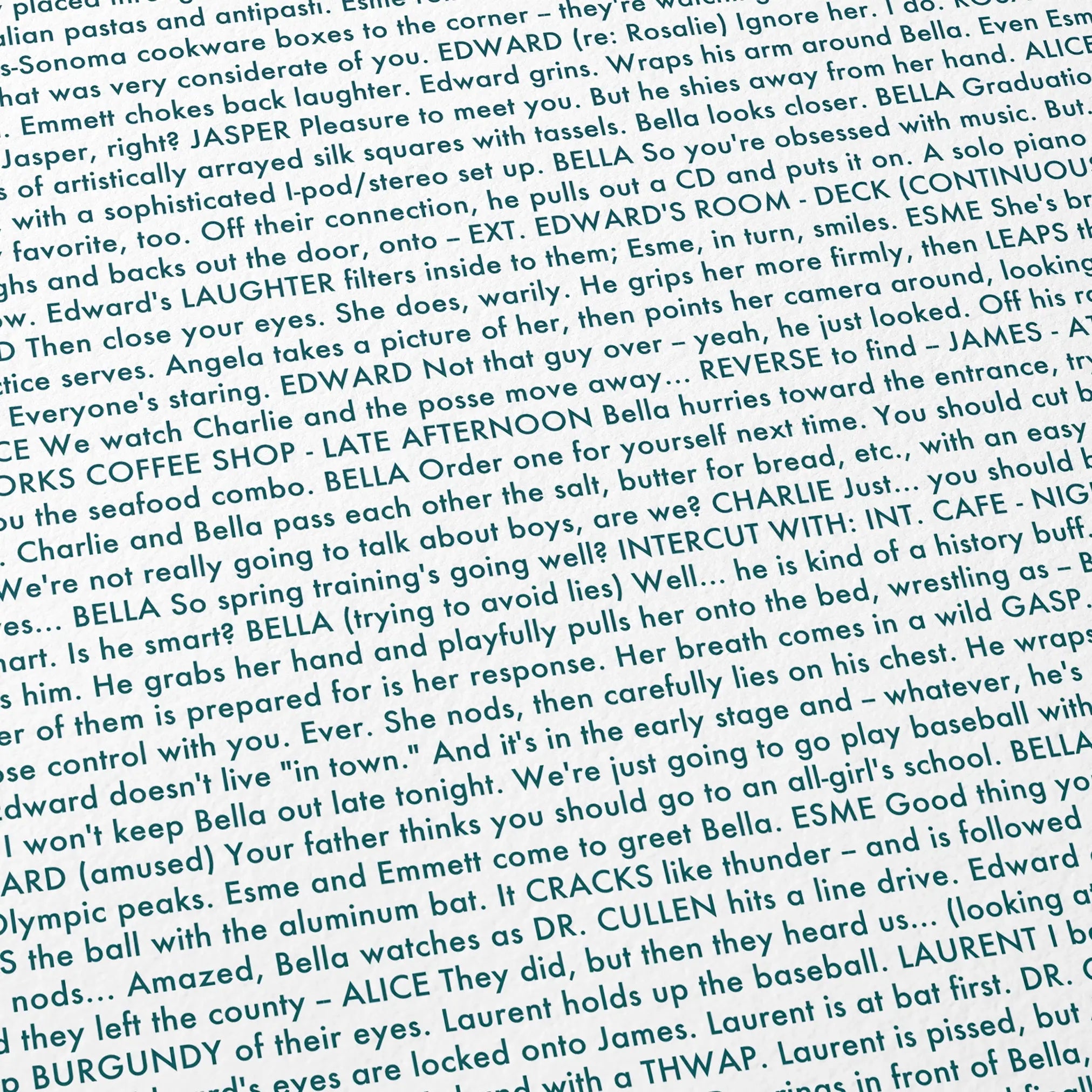 Close-up detail of the Twilight movie script poster showing dense typographic text.