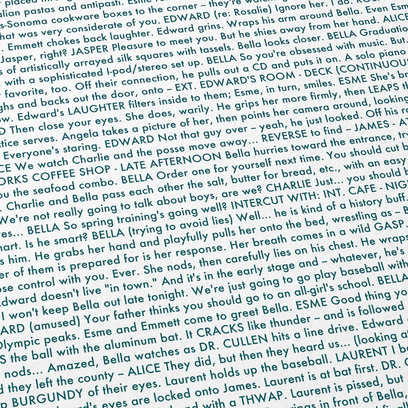 Close-up detail of the Twilight movie script poster showing dense typographic text.