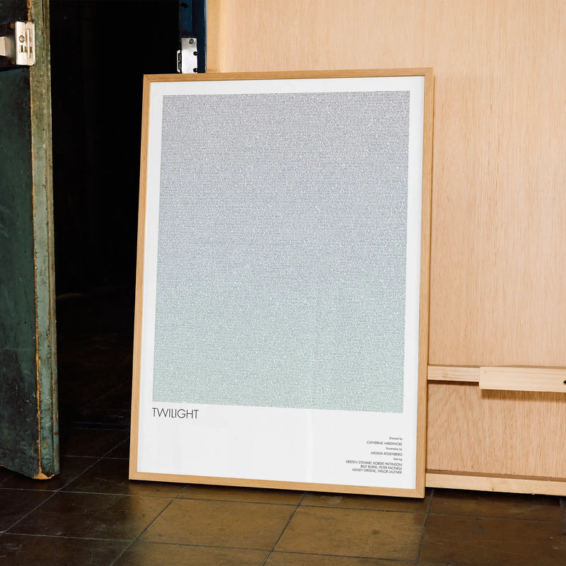 A framed Twilight movie script poster displayed in a contemporary interior setting.