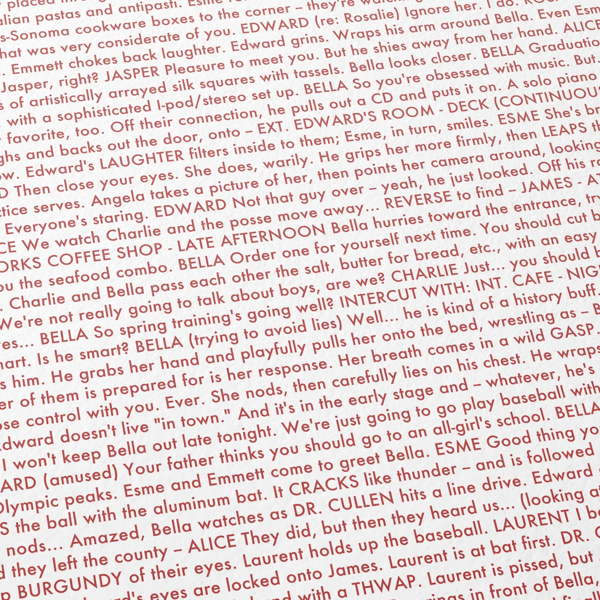 Close-up detail of the Twilight movie script poster showing dense typographic text.
