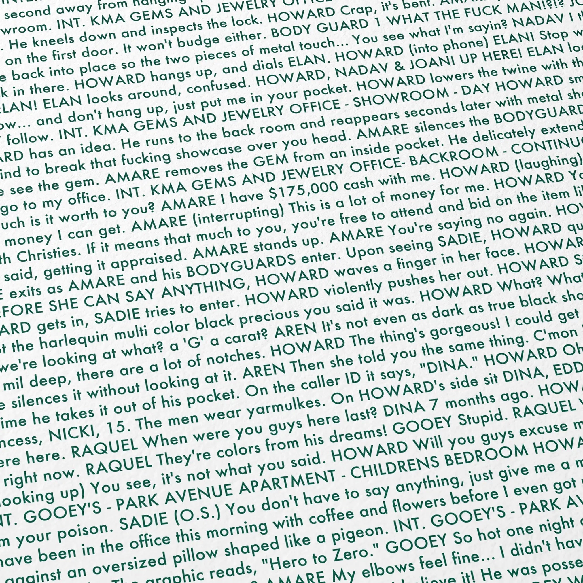 Close-up detail of the Uncut Gems movie script poster showing dense typographic text.
