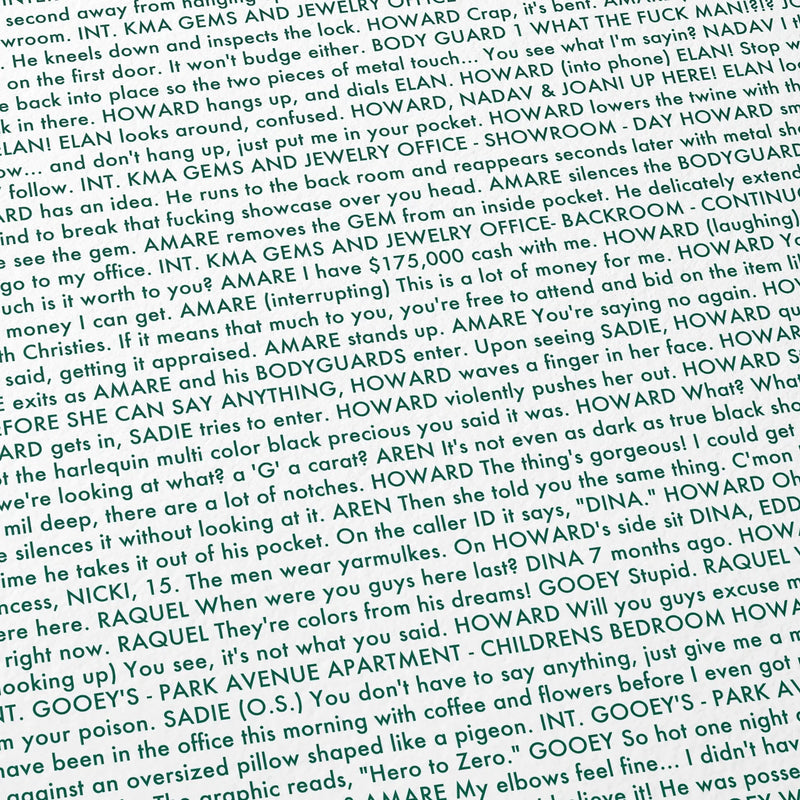 Close-up detail of the Uncut Gems movie script poster showing dense typographic text.