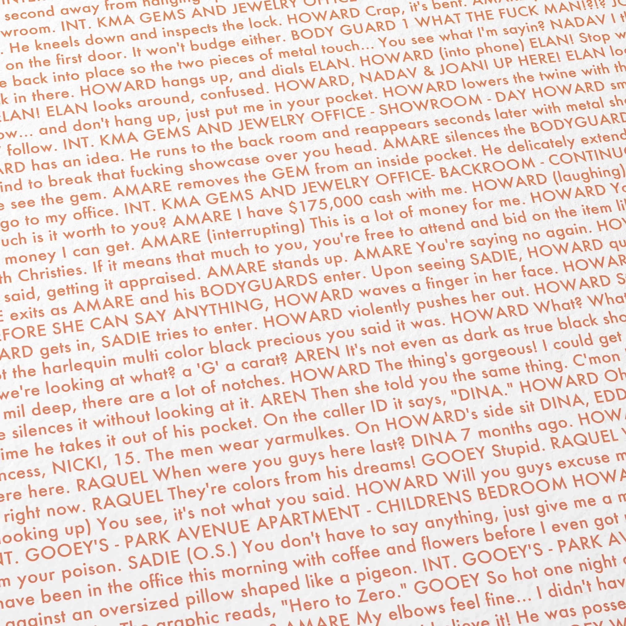 Close-up detail of the Uncut Gems movie script poster showing dense typographic text.