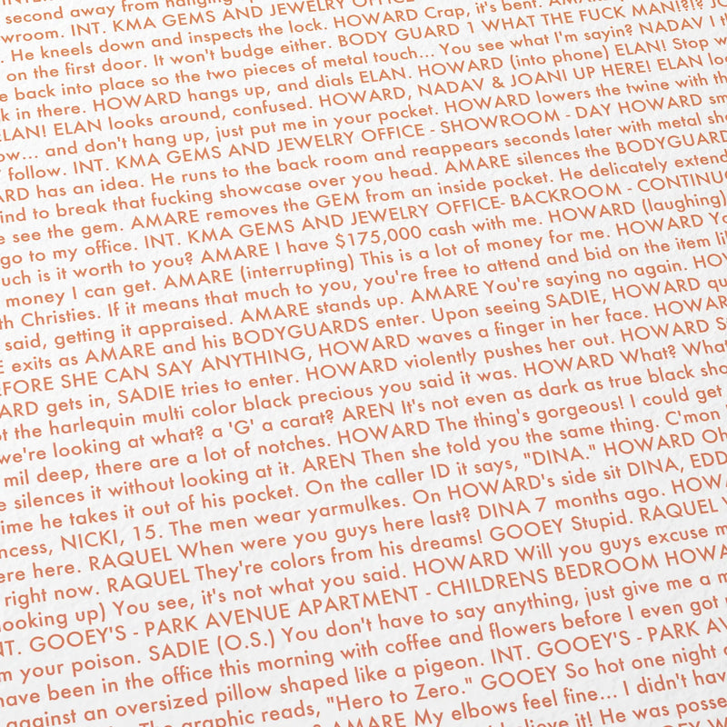 Close-up detail of the Uncut Gems movie script poster showing dense typographic text.