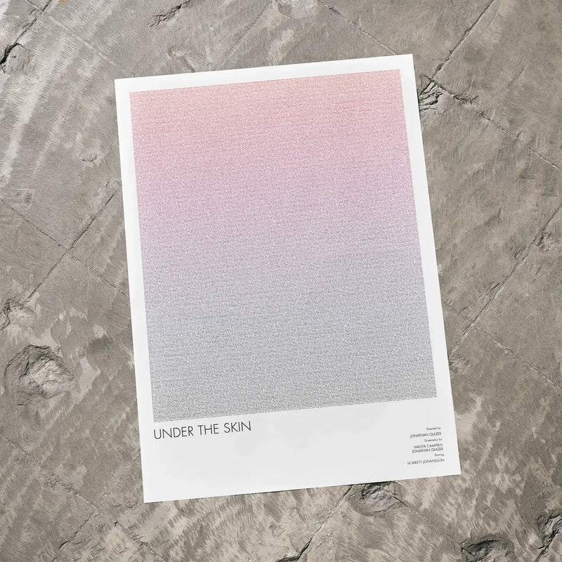 A Under the Skin movie script poster laid flat on a textured floor surface.