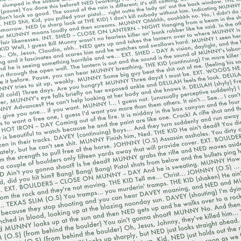 Close-up detail of the Unforgiven movie script poster showing dense typographic text.