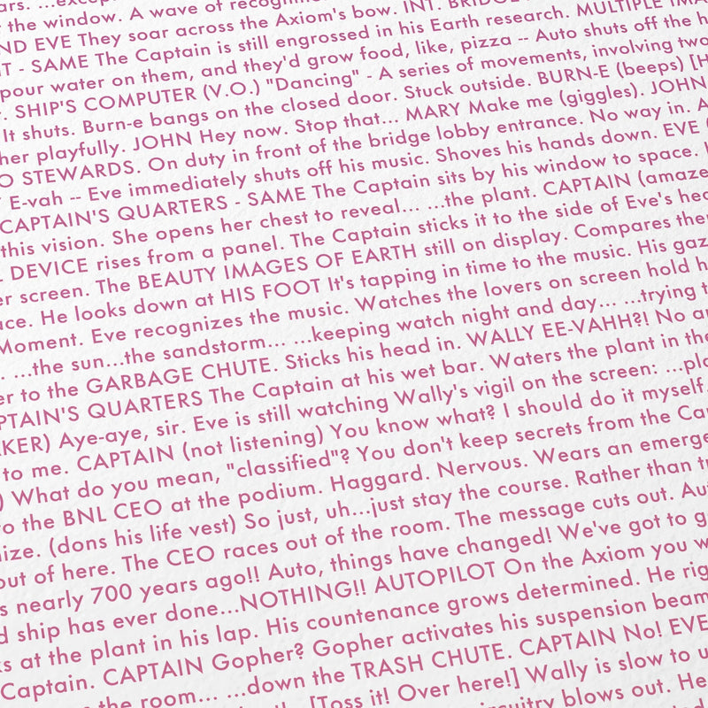 Close-up detail of the WALL·E movie script poster showing dense typographic text.