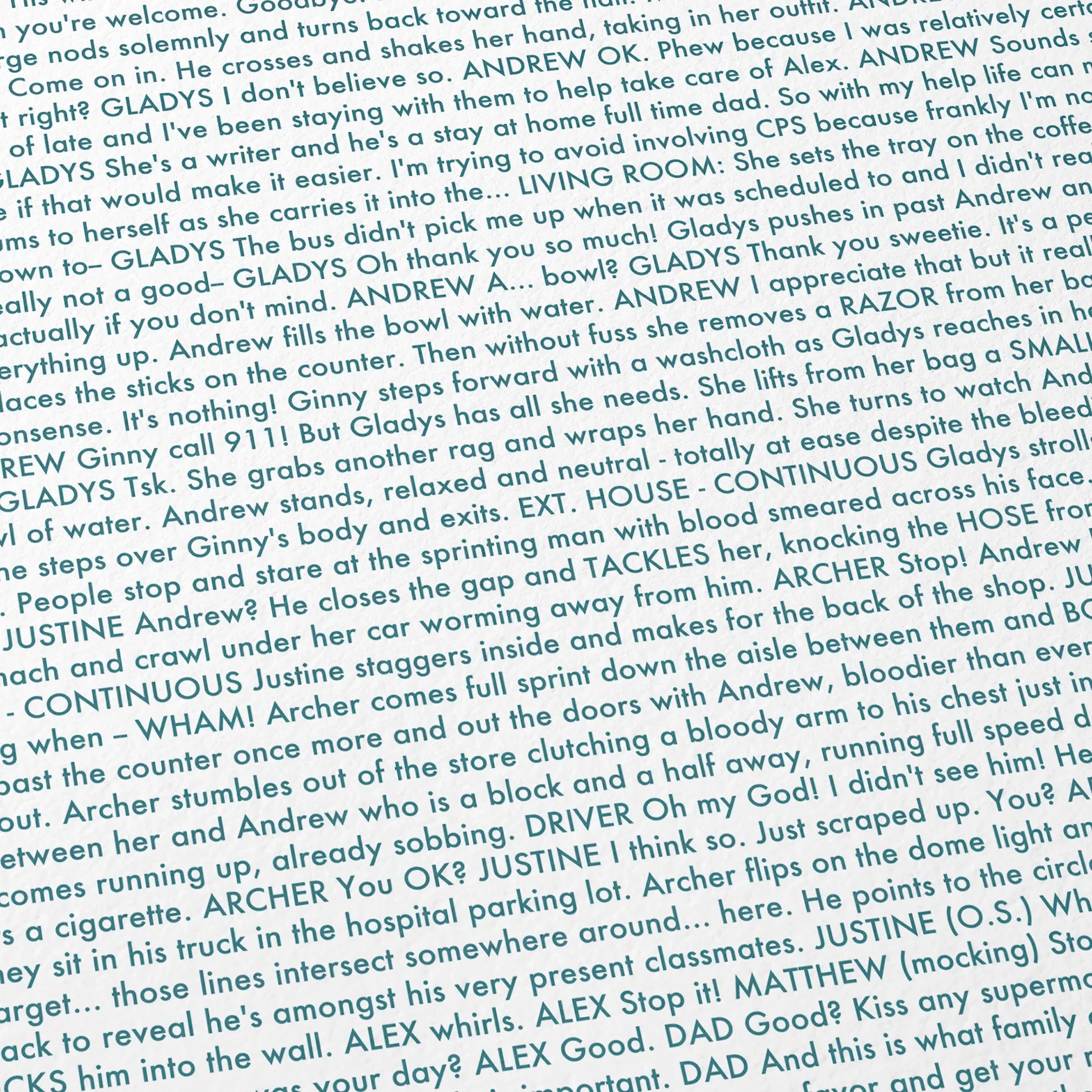 Close-up detail of the Weapons movie script poster showing dense typographic text.
