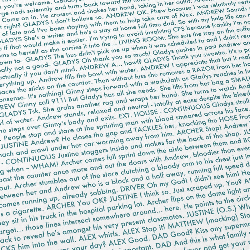 Close-up detail of the Weapons movie script poster showing dense typographic text.