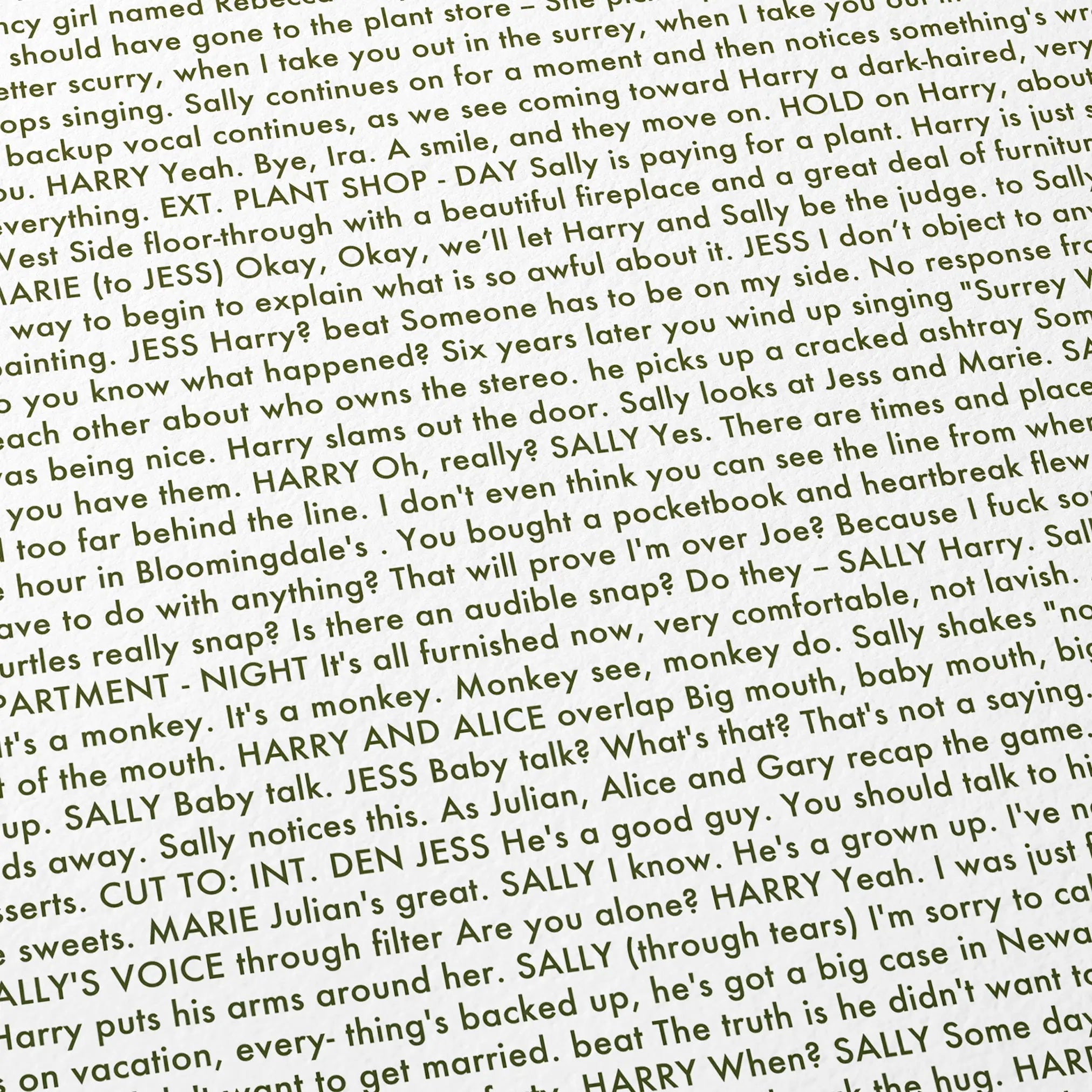 Close-up detail of the When Harry Met Sally... movie script poster showing dense typographic text.