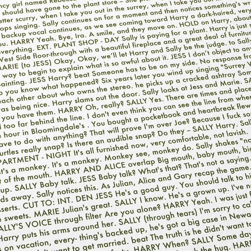 Close-up detail of the When Harry Met Sally... movie script poster showing dense typographic text.