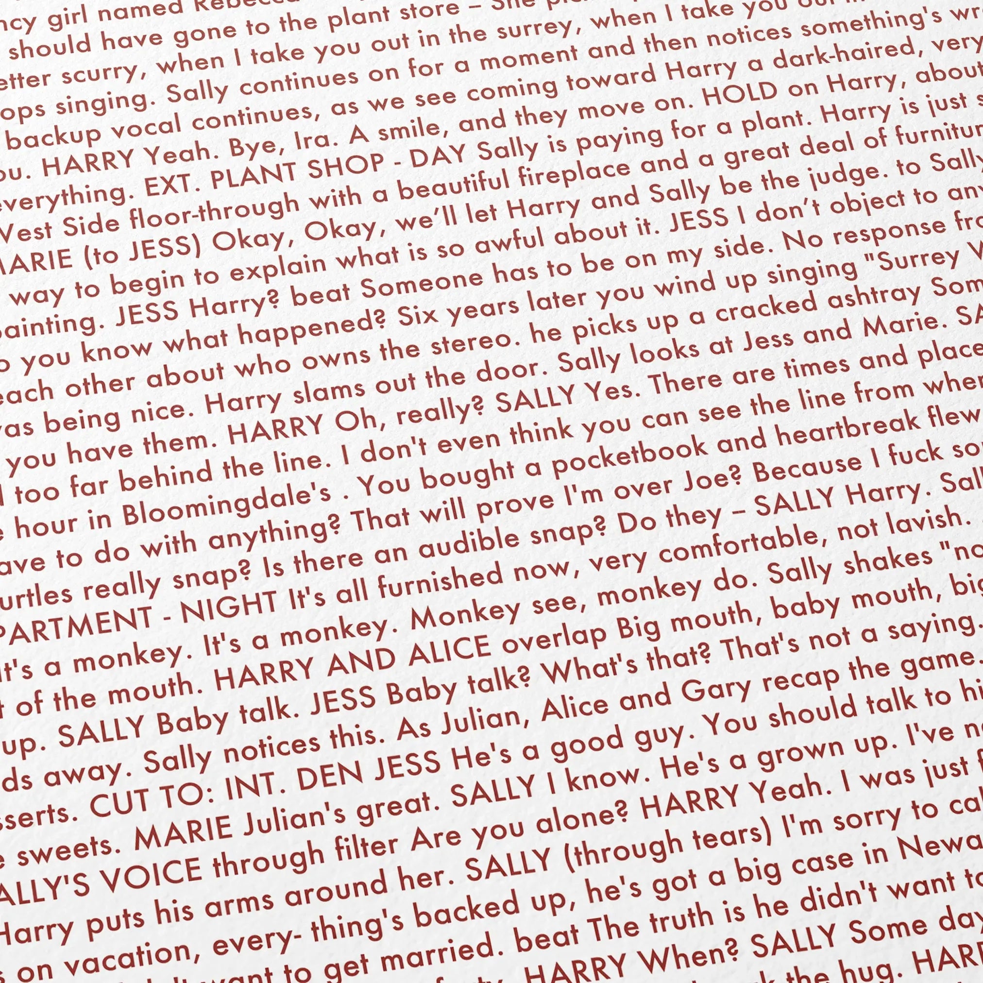 Close-up detail of the When Harry Met Sally movie script poster showing dense typographic text.