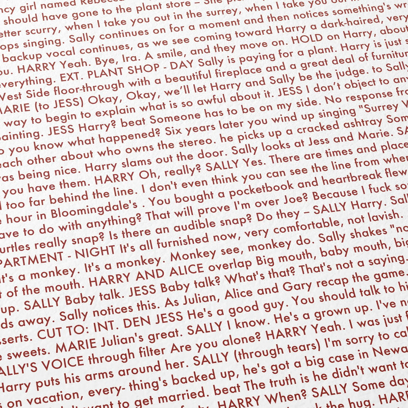 Close-up detail of the When Harry Met Sally movie script poster showing dense typographic text.