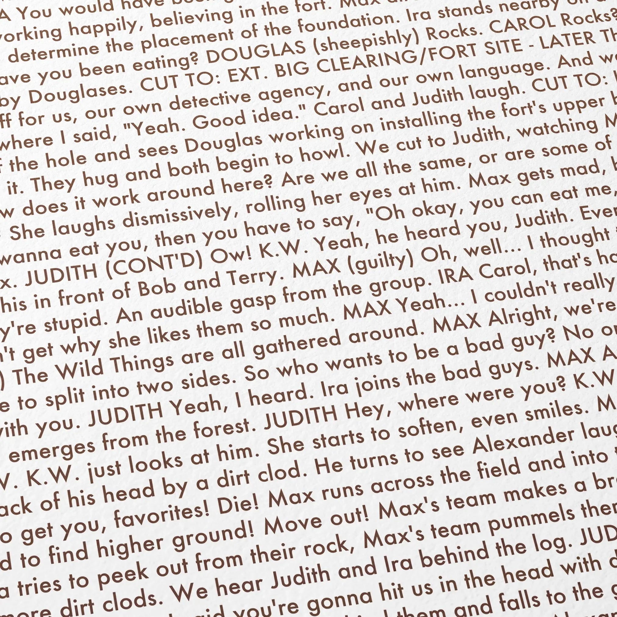 Close-up detail of the Where the Wild Things Are movie script poster showing dense typographic text.