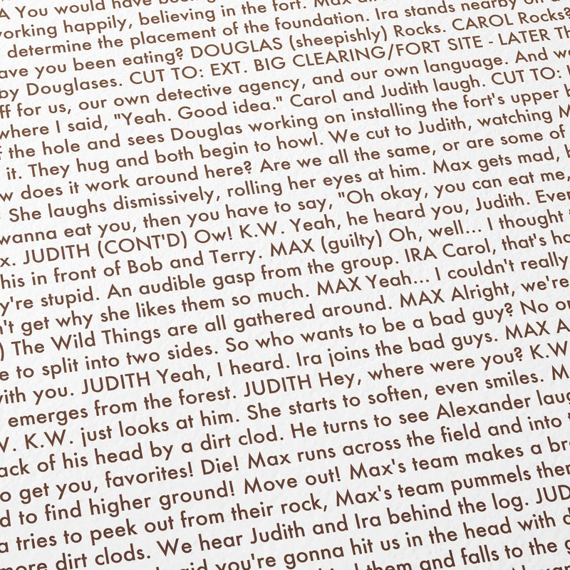 Close-up detail of the Where the Wild Things Are movie script poster showing dense typographic text.
