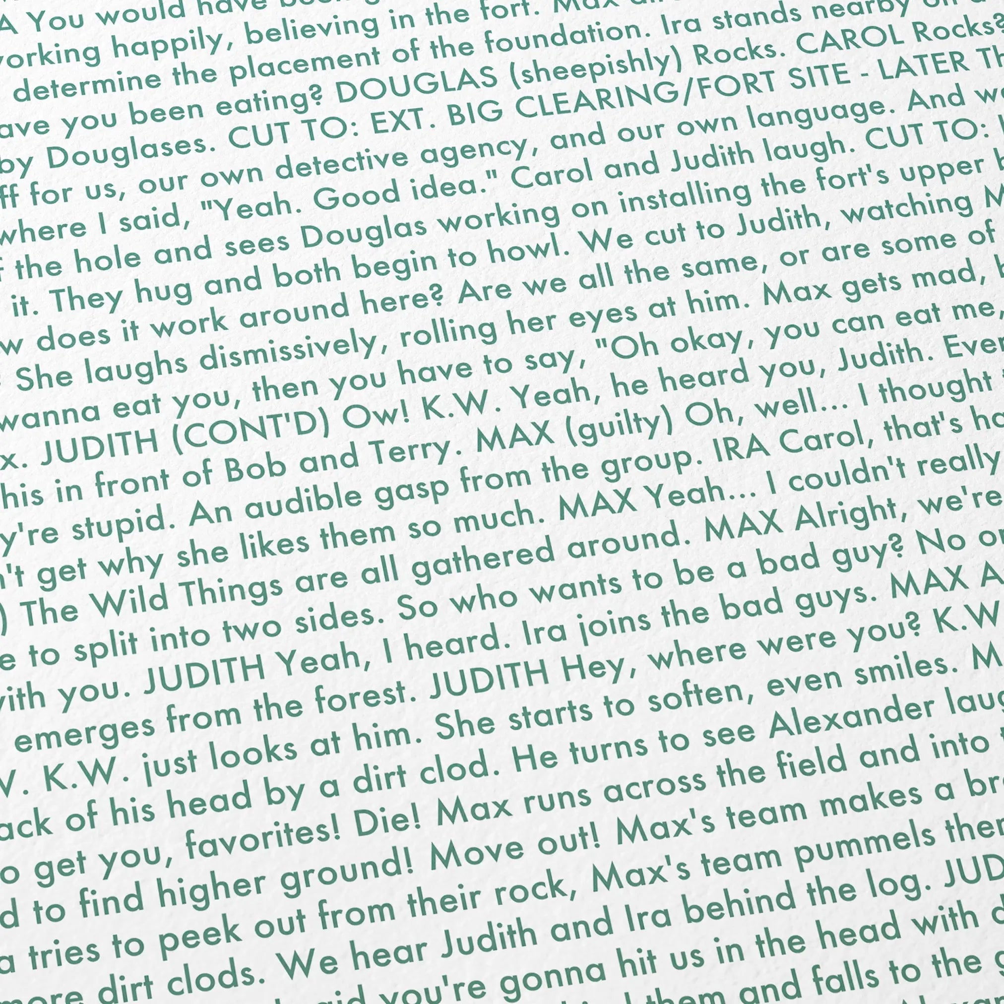 Close-up detail of the Where the Wild Things Are movie script poster showing dense typographic text.