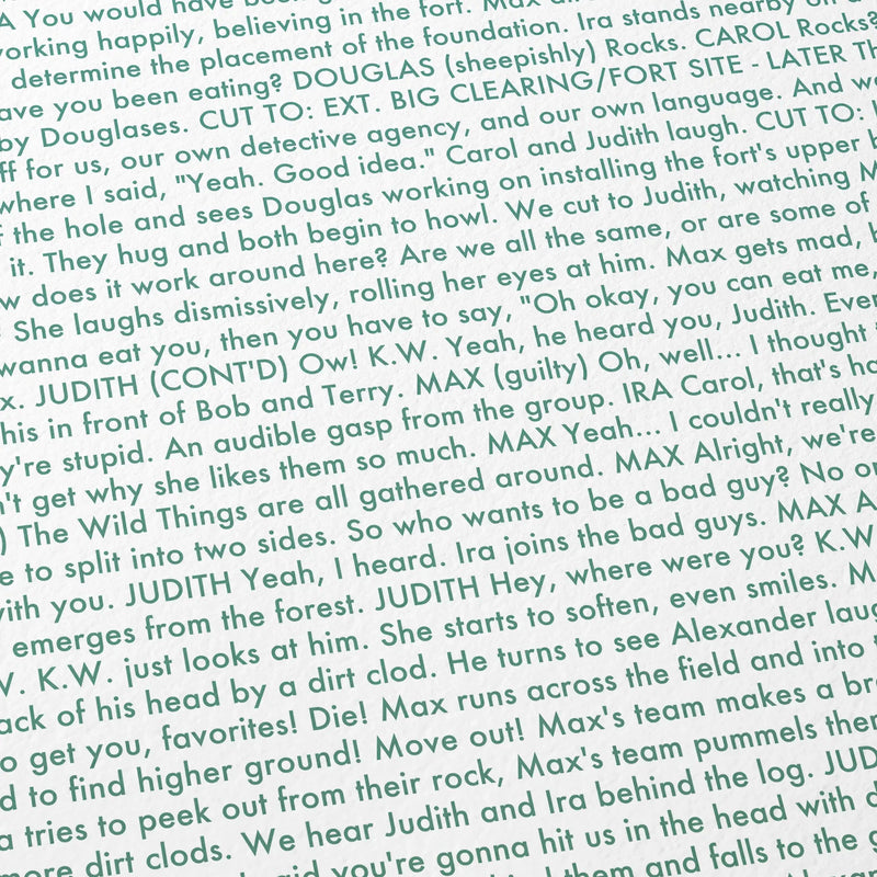 Close-up detail of the Where the Wild Things Are movie script poster showing dense typographic text.