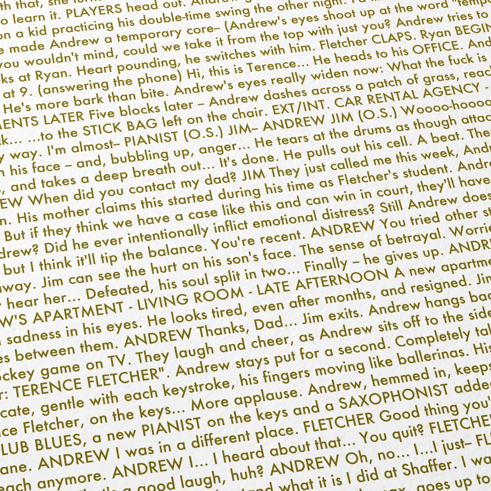 Close-up detail of the Whiplash movie script poster showing dense typographic text.