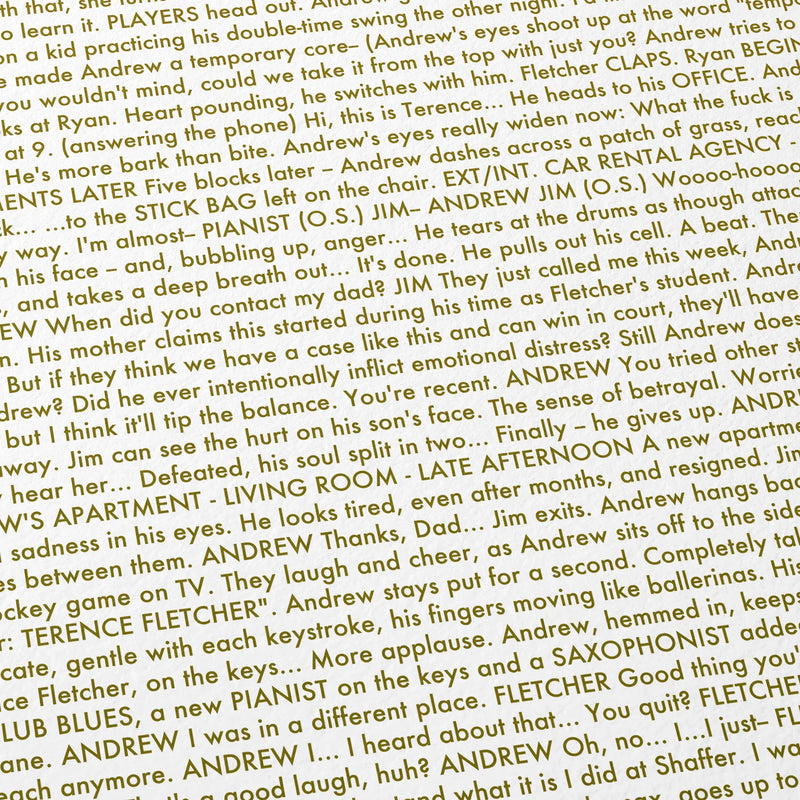 Close-up detail of the Whiplash movie script poster showing dense typographic text.
