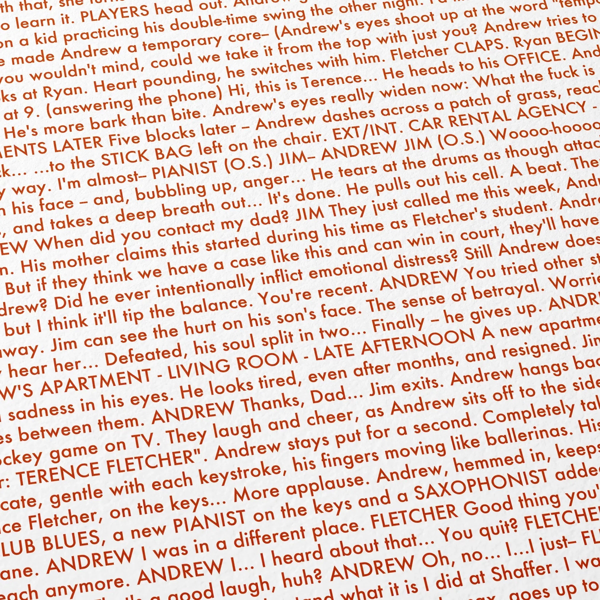 Close-up detail of the Whiplash movie script poster showing dense typographic text.