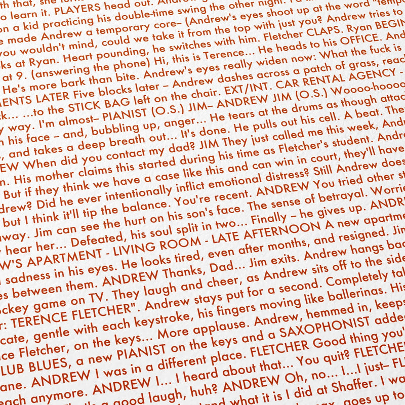 Close-up detail of the Whiplash movie script poster showing dense typographic text.
