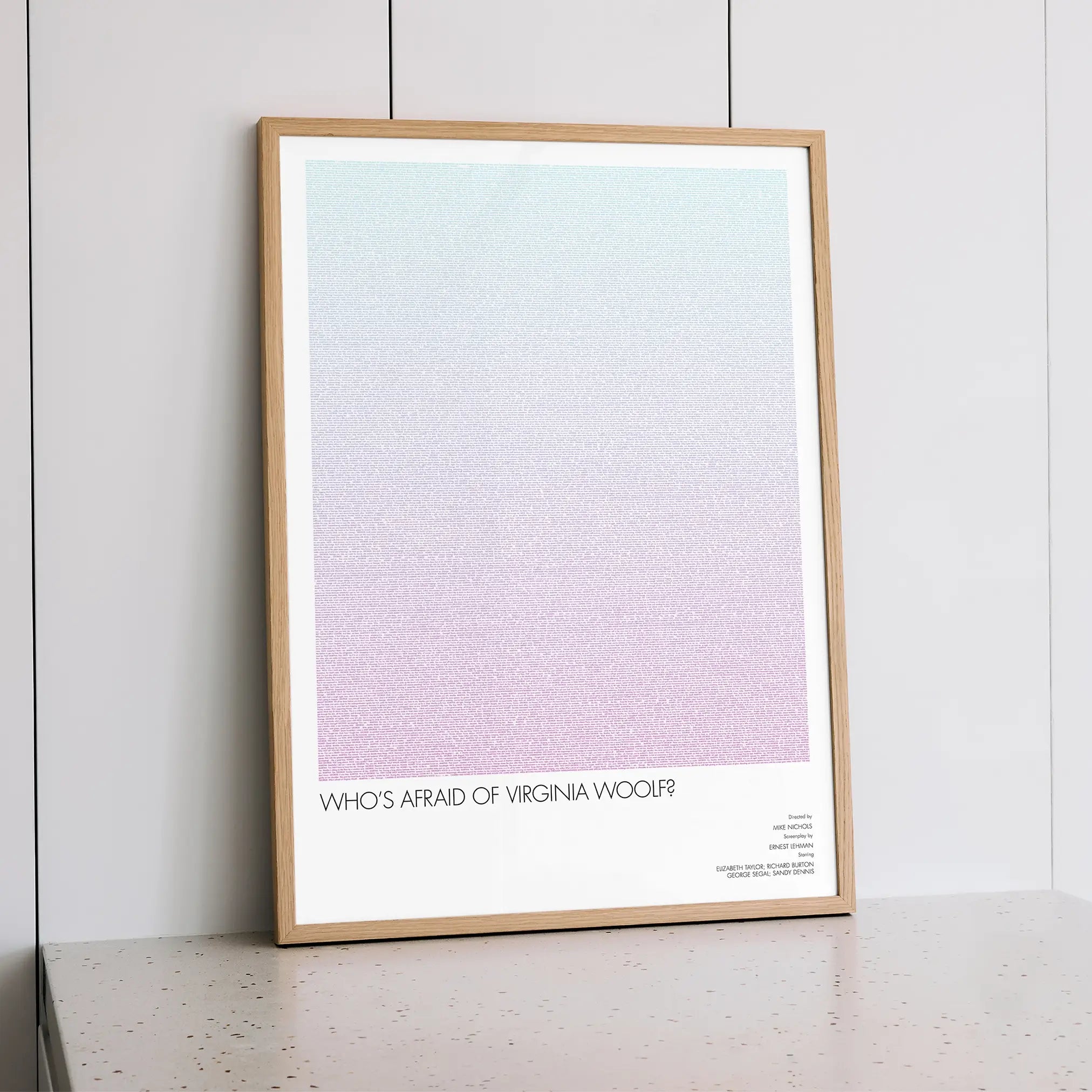 A framed Who's Afraid of Virginia Woolf? movie script poster styled within a calm interior space.