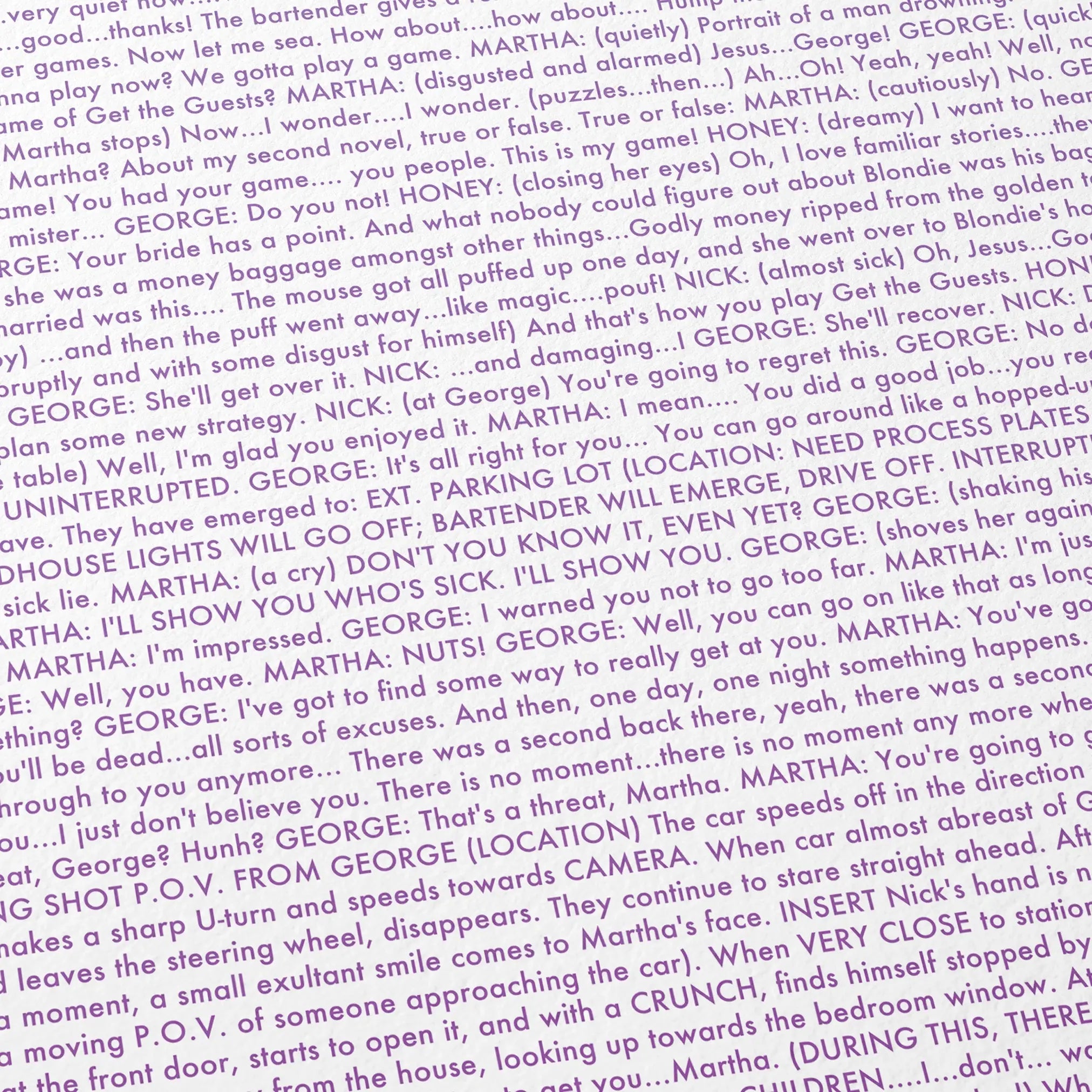 Close-up detail of the Who's Afraid of Virginia Woolf? movie script poster showing dense typographic text.