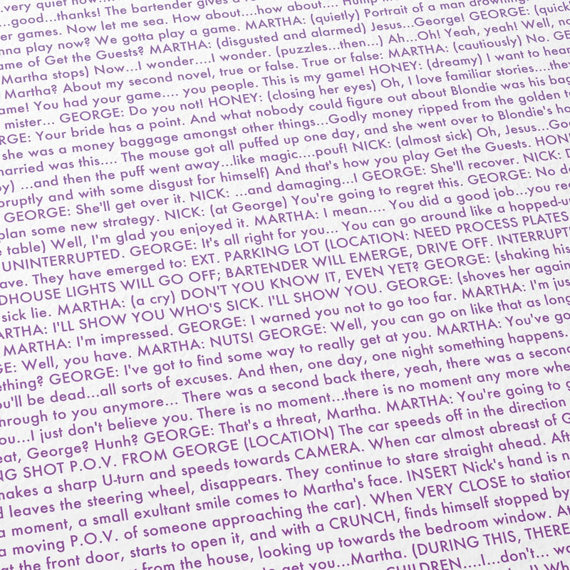 Close-up detail of the Who's Afraid of Virginia Woolf? movie script poster showing dense typographic text.