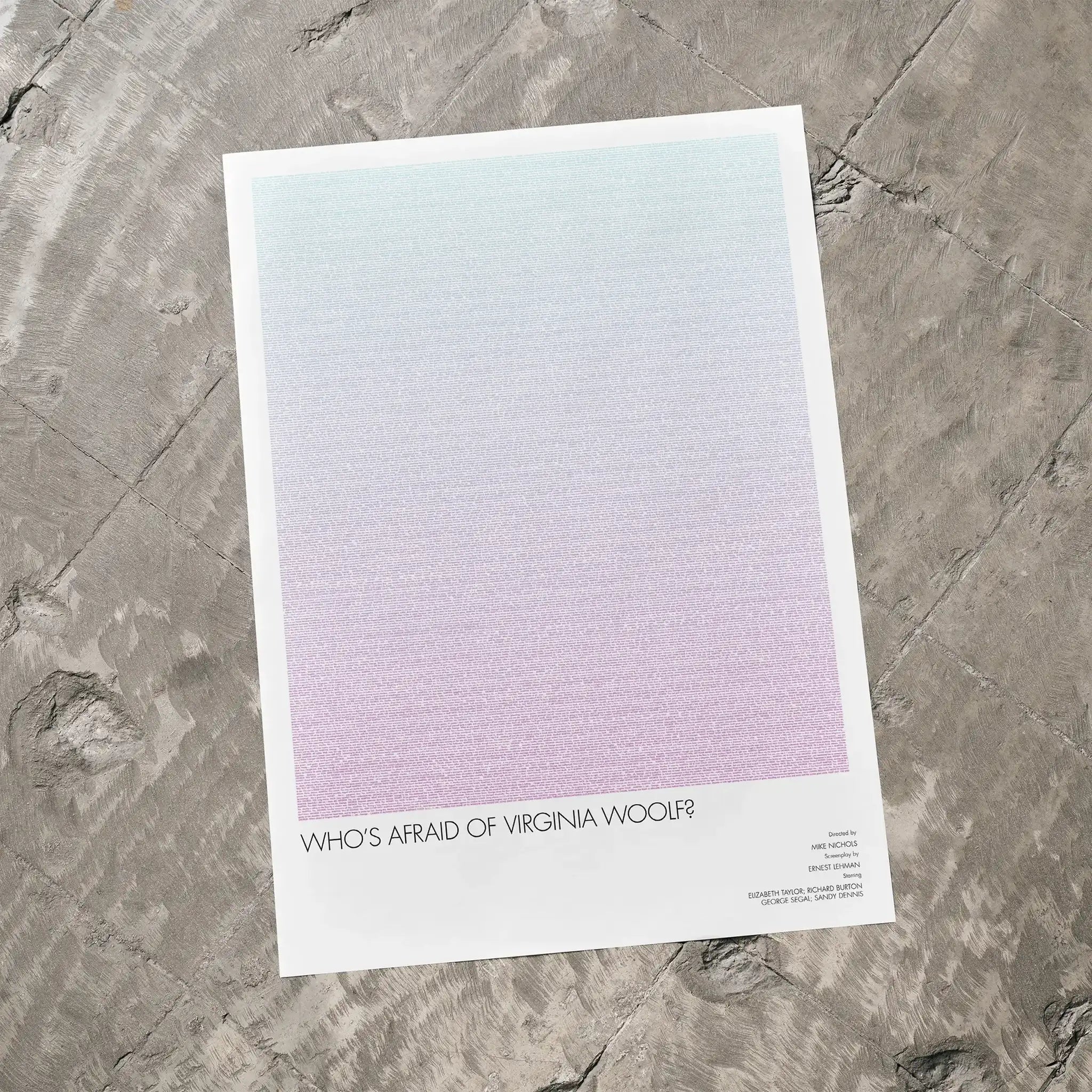 A Who's Afraid of Virginia Woolf? movie script poster laid flat on a textured floor surface.
