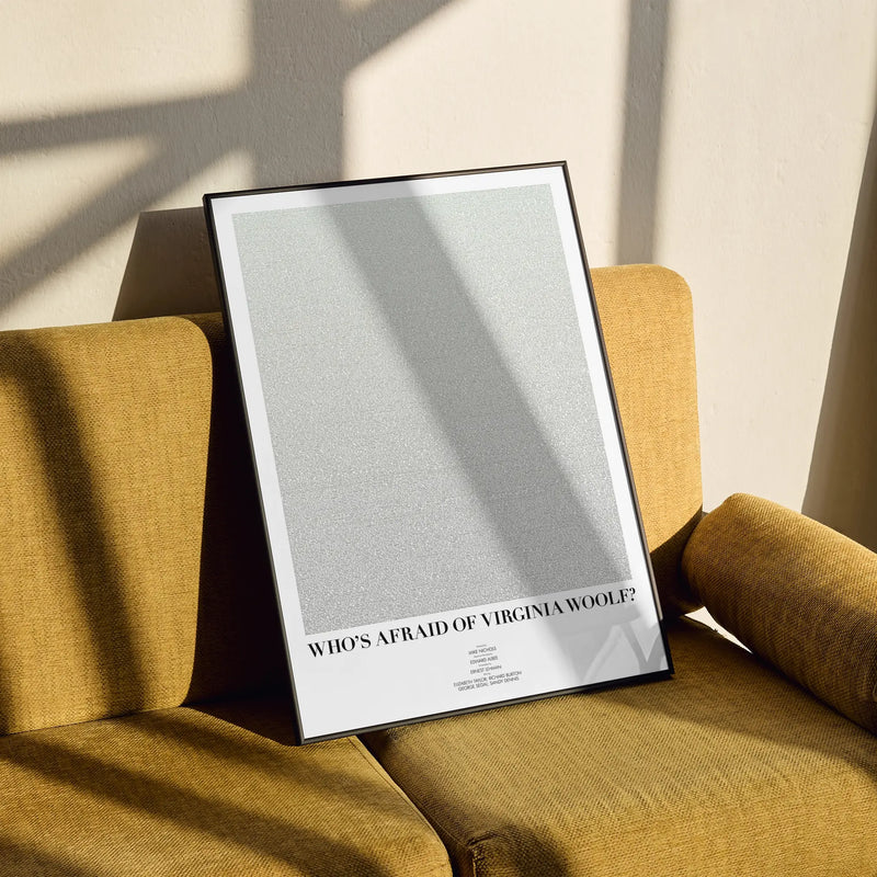 A framed Who's Afraid of Virginia Woolf? movie script poster styled in a clean interior setting.