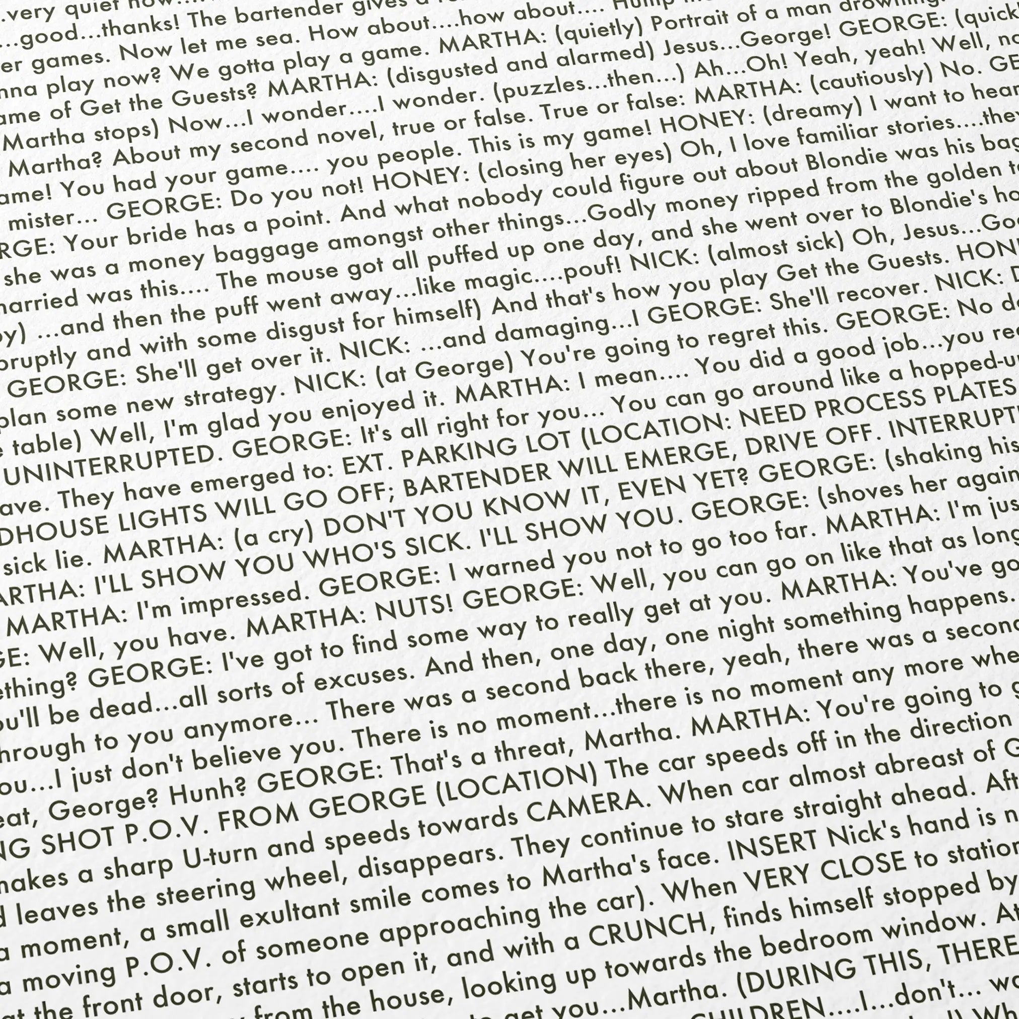 Close-up detail of the Who's Afraid of Virginia Woolf? movie script poster showing dense typographic text.