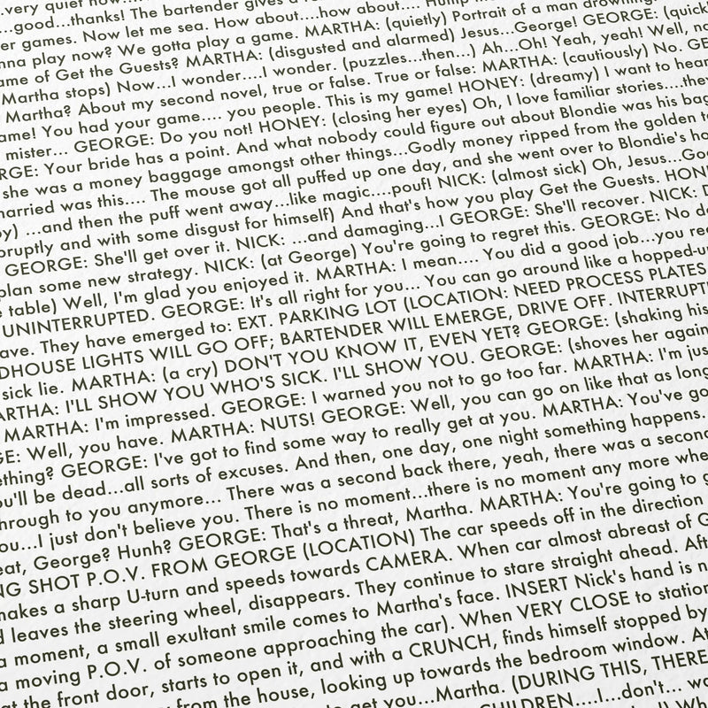 Close-up detail of the Who's Afraid of Virginia Woolf? movie script poster showing dense typographic text.