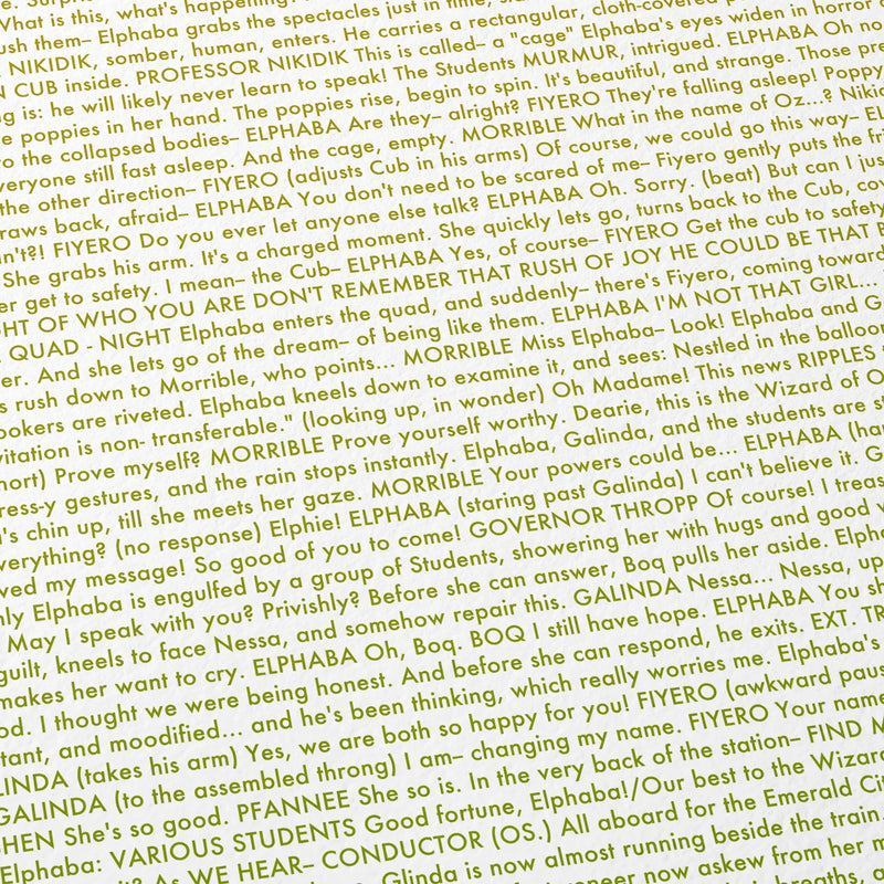 Close-up detail of the Wicked movie script poster showing dense typographic text.