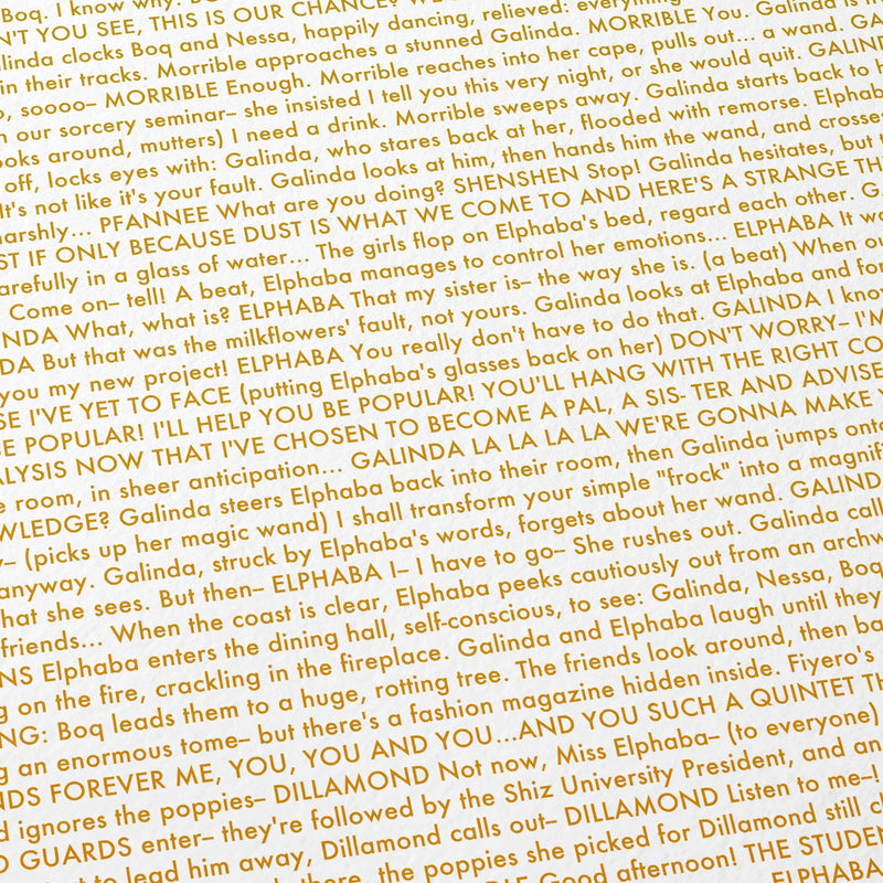 Close-up detail of the Wicked movie script poster showing dense typographic text.